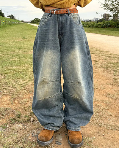 (Unisex) Slash Seam Point Balloon Denim Pants