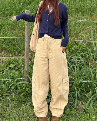 Wide double outseam cotton cargo pants