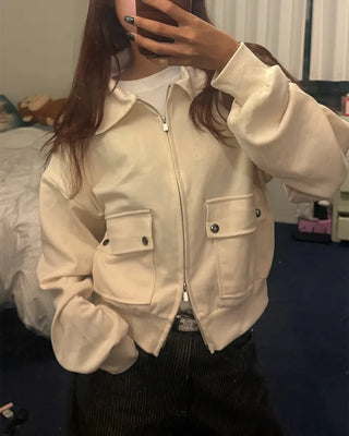 Flap pocket collar neck double zip sweatshirt
