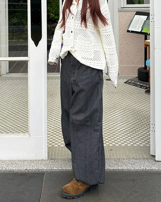 Square hip flap pocket pinstripe denim pants