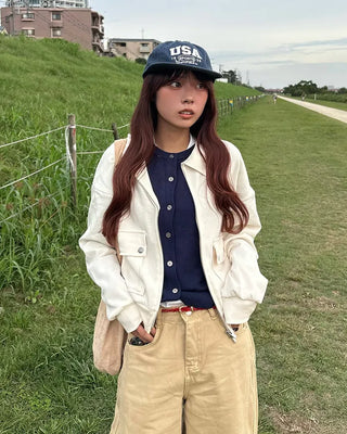 Flap pocket collar neck double zip sweatshirt