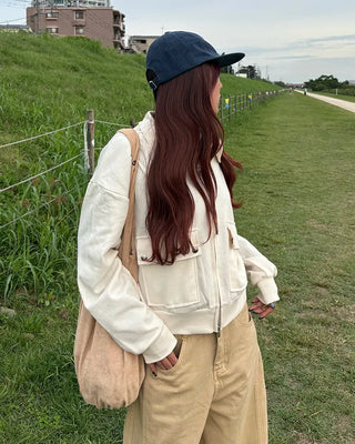 Flap pocket collar neck double zip sweatshirt