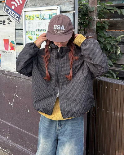 (Unisex) Fluff Check Double Zip Hooded Windbreaker
