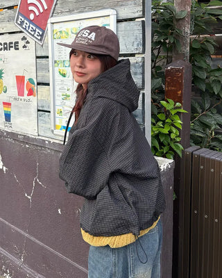 (Unisex) Fluff Check Double Zip Hooded Windbreaker