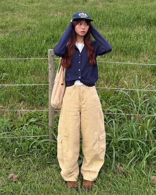Wide double outseam cotton cargo pants