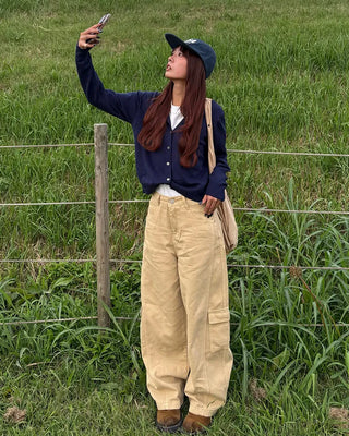 Wide double outseam cotton cargo pants
