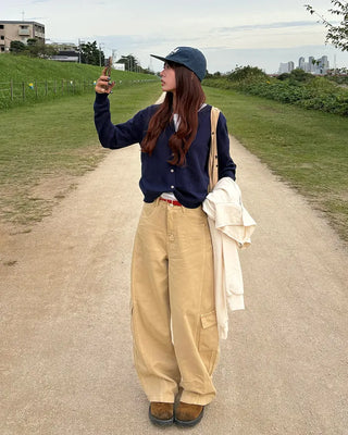 Wide double outseam cotton cargo pants