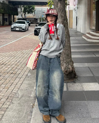 (Unisex) Slash Seam Point Balloon Denim Pants
