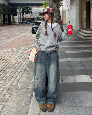 (Unisex) Slash Seam Point Balloon Denim Pants