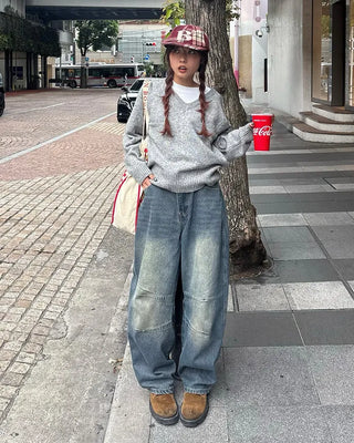 (Unisex) Slash Seam Point Balloon Denim Pants