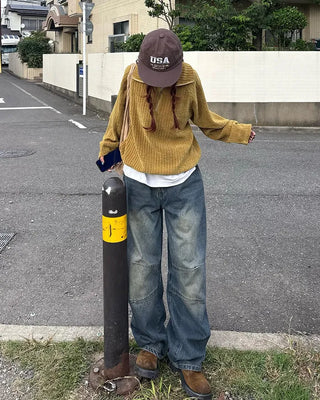 (Unisex) Slash Seam Point Balloon Denim Pants
