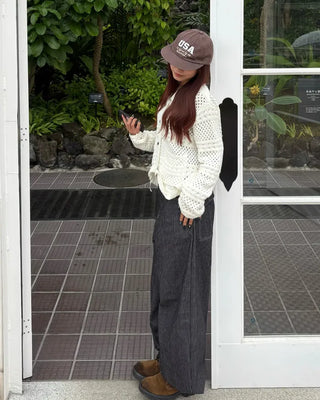 Square hip flap pocket pinstripe denim pants