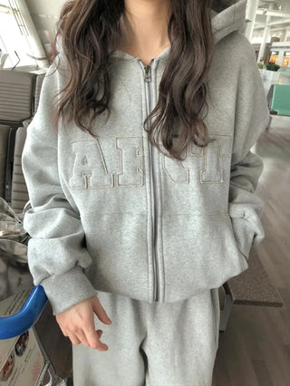 (2 colors) Fleece-lined hooded zip-up jacket