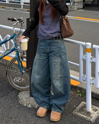 (Unisex) Center Seam Washed Balloon Denim Pants