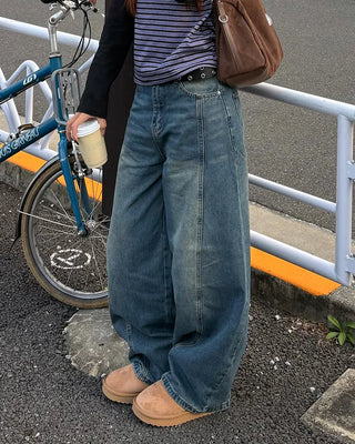 (Unisex) Center Seam Washed Balloon Denim Pants