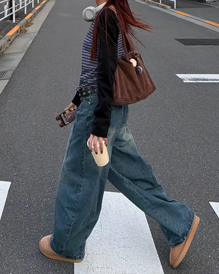 (Unisex) Center Seam Washed Balloon Denim Pants