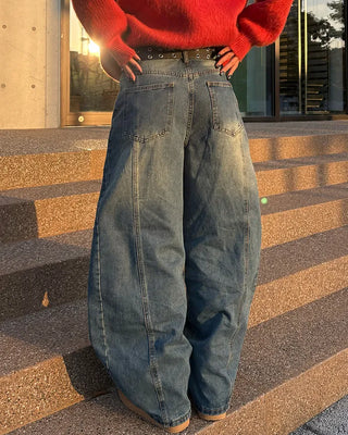 (Unisex) Center Seam Washed Balloon Denim Pants