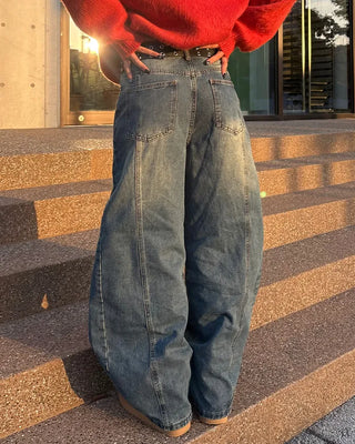 (Unisex) Center Seam Washed Balloon Denim Pants