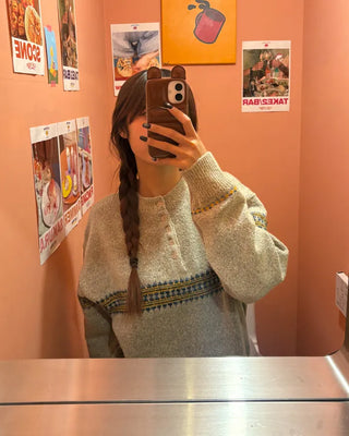 (Unisex) Jacquard Henley Neck Knit