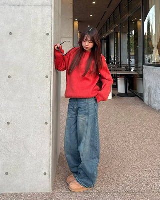 (Unisex) Center Seam Washed Balloon Denim Pants