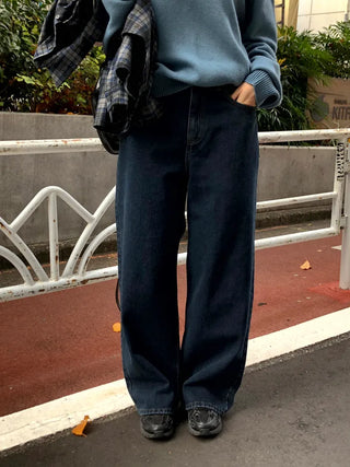 Fleece-lined wide-leg denim pants