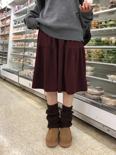 (3 colors) Corduroy mid-length skirt