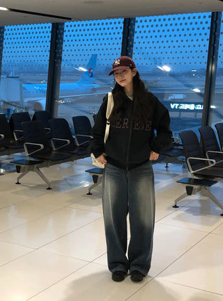 Wide-leg fleece-lined denim pants