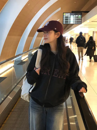 (2 colors) Fleece-lined hooded zip-up
