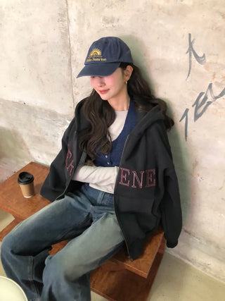 (2 colors) Fleece-lined hooded zip-up
