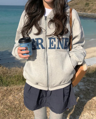 (2 colors) Fleece-lined hooded zip-up