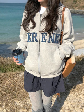 (2 colors) Fleece-lined hooded zip-up