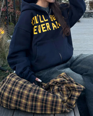(Unisex) Lettering Double Zip Fleece-Lined Hoodie