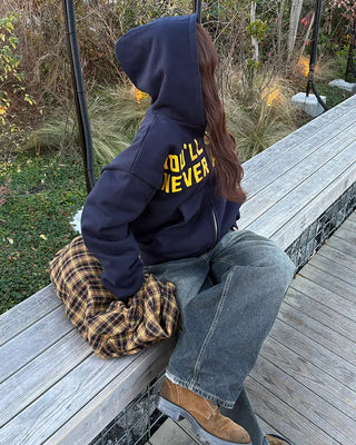 (Unisex) Lettering Double Zip Fleece-Lined Hoodie