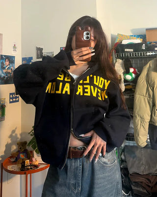 (Unisex) Lettering Double Zip Fleece-Lined Hoodie