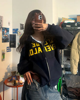 (Unisex) Lettering Double Zip Fleece-Lined Hoodie