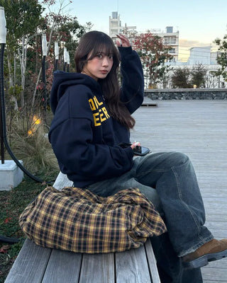 (Unisex) Lettering Double Zip Fleece-Lined Hoodie