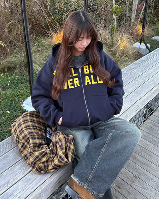 (Unisex) Lettering Double Zip Fleece-Lined Hoodie