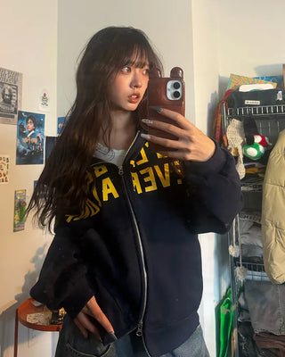 (Unisex) Lettering Double Zip Fleece-Lined Hoodie