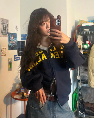 (Unisex) Lettering Double Zip Fleece-Lined Hoodie
