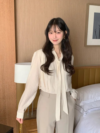(2 colors) Bow tie shirred blouse