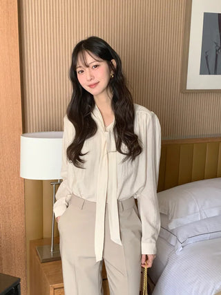 (2 colors) Bow tie shirred blouse