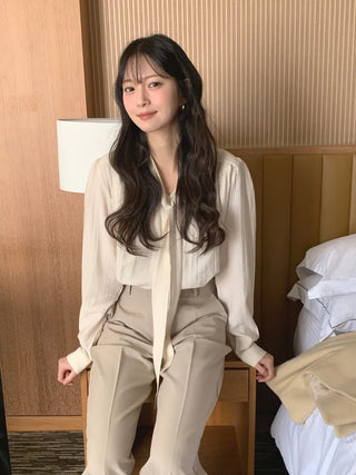 (2 colors) Bow tie shirred blouse