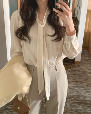 (2 colors) Bow tie shirred blouse