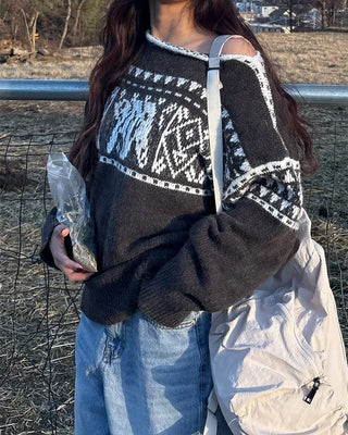 2-Way Slashed Neck Fair Isle Sweater