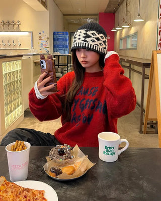 (Unisex) Bust Lettering Hairy Knit Sweater