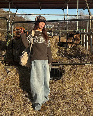 2-Way Slashed Neck Fair Isle Sweater