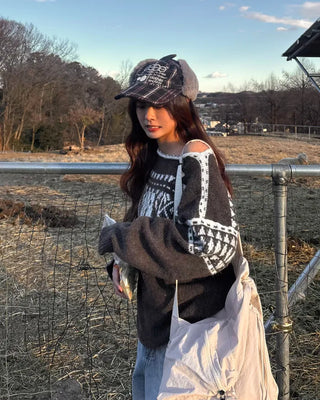 2-Way Slashed Neck Fair Isle Sweater