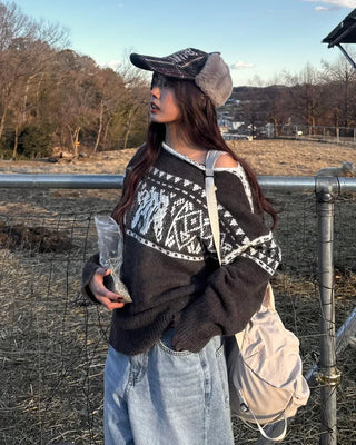 2-Way Slashed Neck Fair Isle Sweater