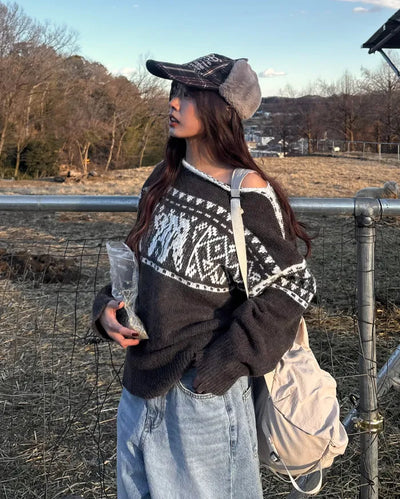 2-Way Slashed Neck Fair Isle Sweater