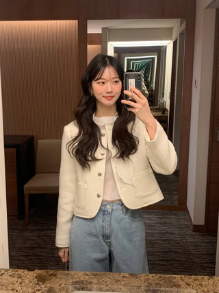 Collarless tweed jacket